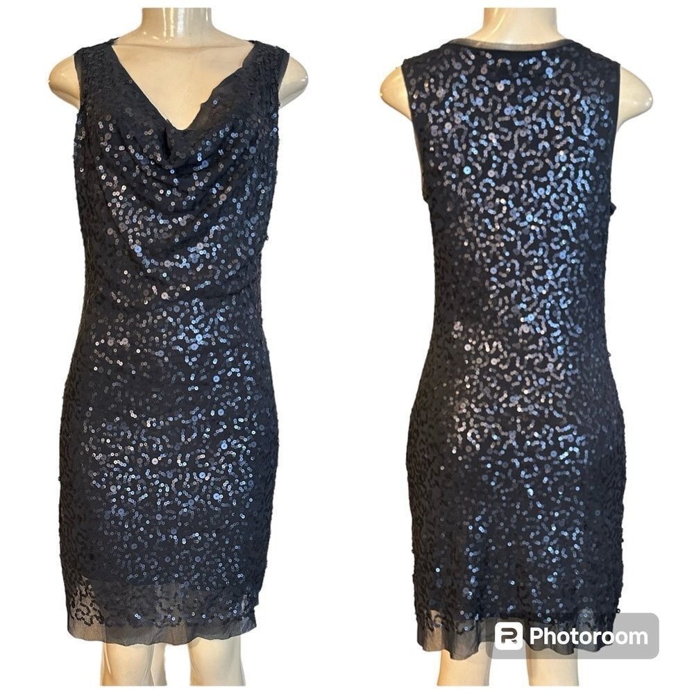 Max Studio Cowl Neck Sequin Mesh Dress Women Medium Navy Sleeveless Cocktail